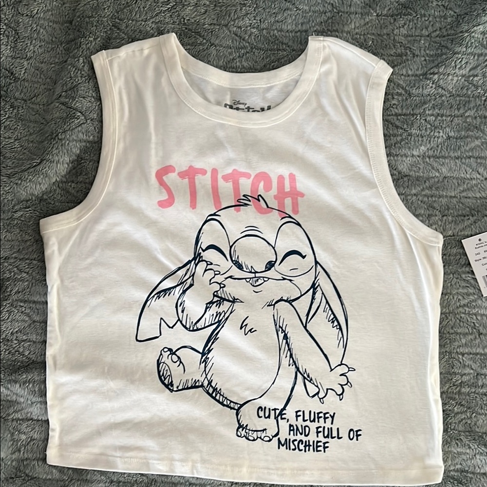 Disney White and Pink Stitch Tank Top